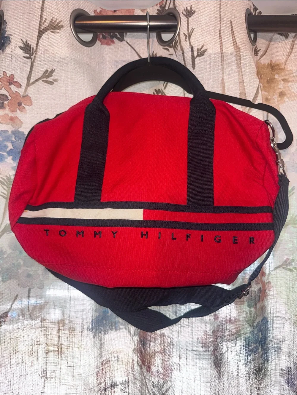 Tommy Hilfiger Red Canvas Duffel with Black Straps and Stripe Accent